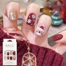 Christmas False Nails, Red Christmas Fake Nails, Press on Nails with Glue, Gold Glitter Snowflake Snowman, French Stick on Nails for Women Nail Art Decoration Accessories (24PCS)