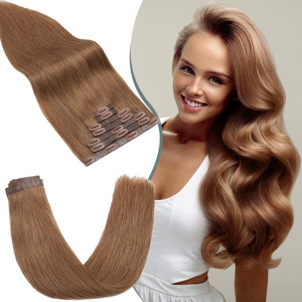 Rich Choices Clip-In Real Hair Extensions, 100% Remy Real Hair Extensions for Complete 7 Wefts, 115 g, Straight Hairpieces Thickness (50 cm - #6 Light Brown)