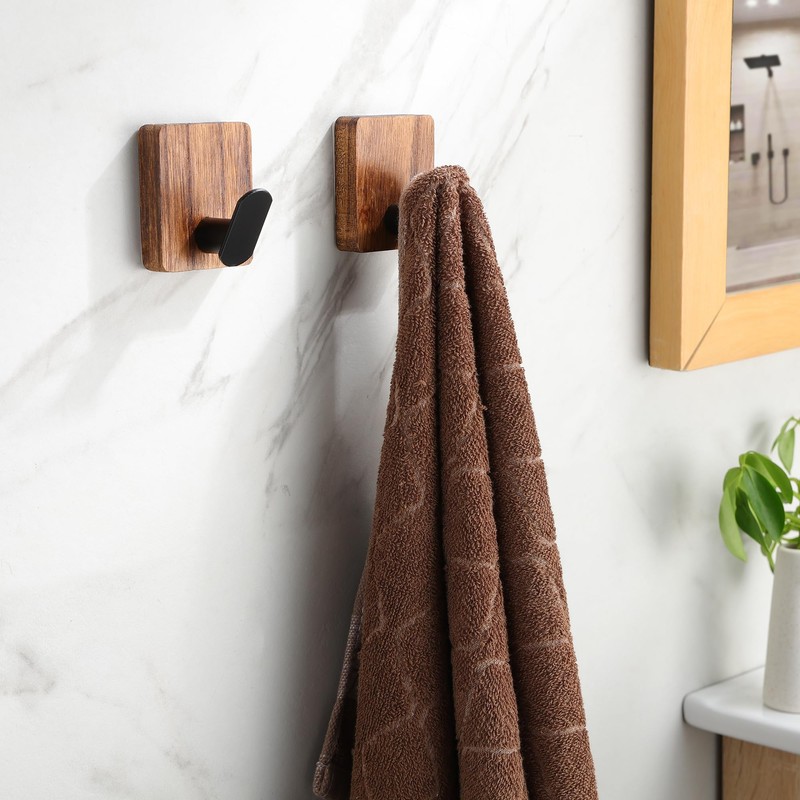 DELITON Towel Hooks for Bathrooms, 4 Pack Adhesive Wood Hooks