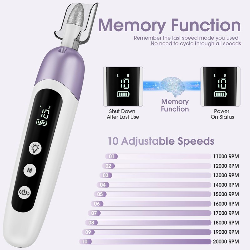 Professional Manicure Pedicure Kit with Memory Modes, Cordless Electric Nail