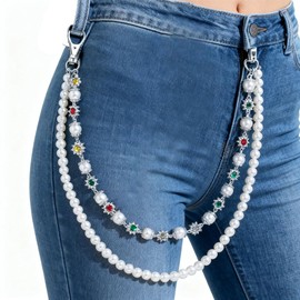 Layered Pants Chain Hip Hop Gothic Wallet Chain Metal Pearl Punk Jeans Chain with Rhinestone for Women Men (Silver)