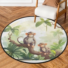 OMFUNS Monkey Animal Round Area Rug Bedroom 3 Ft, Cute Monkey Circle Floor Mat Non-Slip Washable Accent Throw Rugs Carpet for Living Room Kids Room Nursery Entryway Laundry