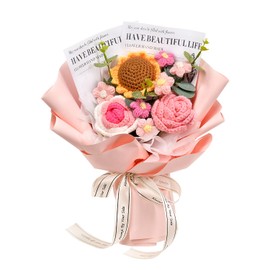 Wishwell Pop Crochet Flower Bouquet, Knitted Flower Bouquet, Crochet Flowers for Mother's Day, Birthday, Anniversary, Wedding, Home Décor, Gifts for Mom, Friends (Sunflower and Pink Rose)