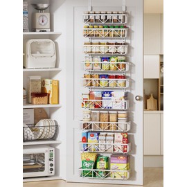 Delamu Adjustable Over the Door Pantry Organizer, 9-Tier Metal Pantry Organization and Storage for Kitchen, Hanging Spice Rack Seasoning Shelves, Cabinet Door Organizer for Easy Install, 16" White