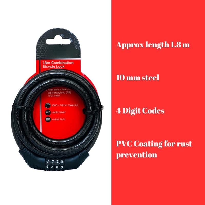 Bilva Houseware 1.8m x 10mm Resettable Combination Bike/Bicycle Lock