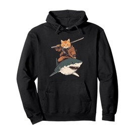 Funny Cat Riding Shark Graphic for Men Kids Teens Pullover Hoodie