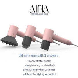 AINA Hair Dryer,Blow Dryer with Diffuser Brush Comb for Women - BLDC Hair Dryer - Brushless Motor, 110,000 RPM Lightweight,Ionic Travel, 3 Magnetic Attachments 110V/ALCI(Baby Pink)