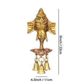 TIED RIBBONS Ganesha Wall Hanging with Diyas Bell | 9 Inch | Brass Ganesh Face Wall Decoration | Indian God Idol | Traditional Wall Décor Antique Ganpati Statue for Home, Entrance