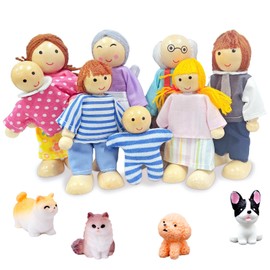 Ruikdly Wooden Dollhouse Dolls, 12 Pieces Dollhouse Wooden Dolls Family Set with Cat and Dog, Figures Dolls Bending Dolls for Dollhouse Accessories Gift