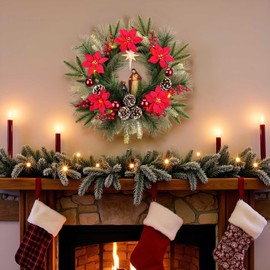 YULETIME 20" Pre-Lit Nativity Wreath, Battery Operated with 10 Fairy Lights, Holy Family Nativity Statue, Star of Bethlehem, Pine Cones, Red Poinsettia & Berries, Pine Needles (Nativity Poinsettia)