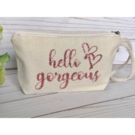 Handmade Rose gold makeup bag, hello gorgeous makeup bag, wedding makeup