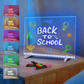 LED Note Board with Colors, Includes Adapter, 13"x10" Light Up Acrylic Message Board for Home Office, 7 Colors Led Drawing Writing Board with Invisible Stand, 7 Markers, Soft Cloth, Hanging Chain