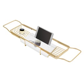 Expandable Bathtub Tray Caddy Shelf with Marble Table Mobile/Tablet Stand, Luxury Bath Tub Tray Rack, Bathroom Home Spa Shower Accessories Perfect Relaxing Spa Gifts for Women and Towel