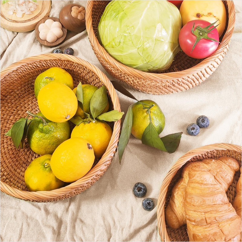 Rattan Bread Basket for Serving, Hand Woven Fruit Basket, Natural