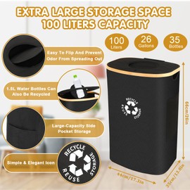 JUNEBRUSHS Recycling Bin Storage Kitchen Indoor 26 Gallon 100L Household Bottle Items Collection Container Large Recycling Storage Container with Lid Reusable Removable Inner Bag Bottle Jar Glass