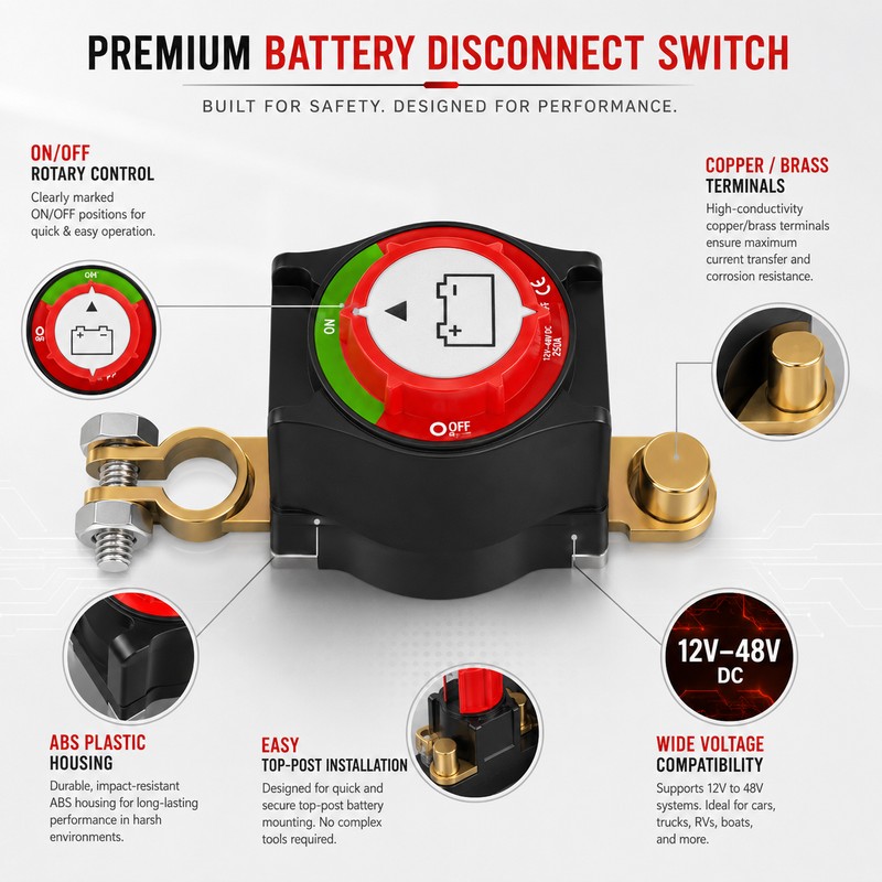 Top Post Battery Disconnect Switch for 12–48V Systems – 250A
