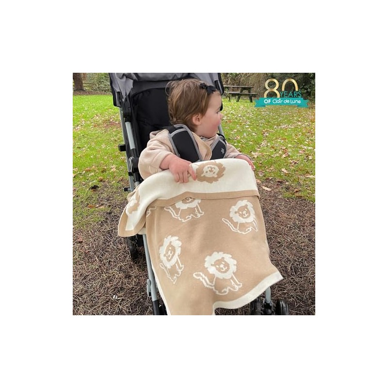 Clair de Lune Reversible Lion Knitted Baby Blanket, Soft Safari