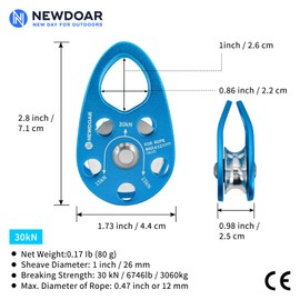 NewDoar Micro Mobile Pulley 30KN/6746lb Mobile Single Cheek Pulley for Max 12mm Rope for Climbing, Rescue Lifting, Hitchhiking-Blue/2 Pack