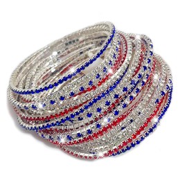 1 Set Of Multiple Strips Patriotic Crystal Tennis Bracelet, Red White Blue, American Flag Colors (20)