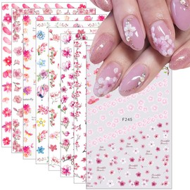8 Sheets Flower Nail Stickers Floral Nail Decals for Nail Art,Designer Nail Art Supplies Pink Cherry Blossom Flowers Leaf Spring Nail Decal for Women Acrylic Nails DIY Nail Art Decoration