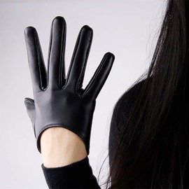 DooWay Women's Short Real Leather Gloves TECH Touchscreen Half Palm Imported Lambskin Unlined for Driving Costumes Black 13cm