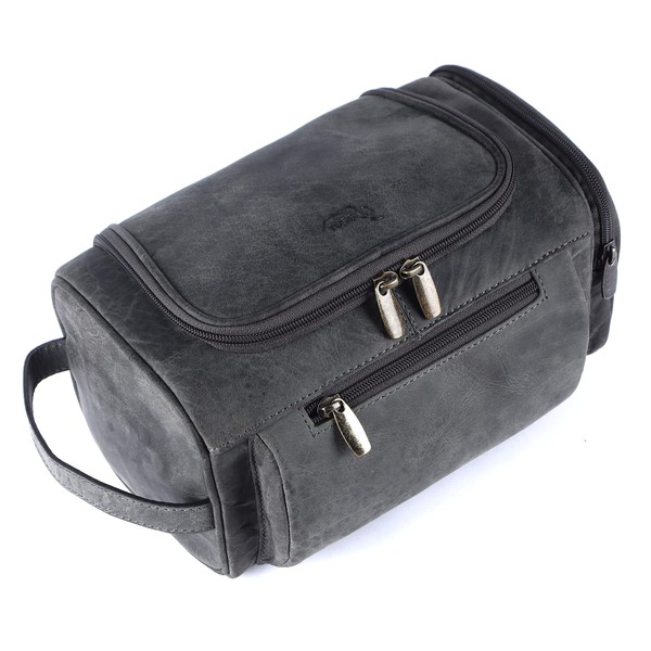 TUSC Portia Leather Toiletry Bag for Men and Women, Leather Cosmetic Bag, Wash Bag, Shaving Bag, Leather Toiletry Bag, Size - 26 x 13 x 14 cm, Portia Shadow, Cosmetic bag