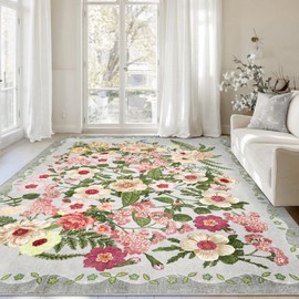 Floral Washable 5x7 Area Rugs - Living Room Rug Non Slip Low Pile Stain Resistant Carpets Indoor Vintage Flower Print Rug for Bedroom Dining Room Kitchen Home Office, Grey