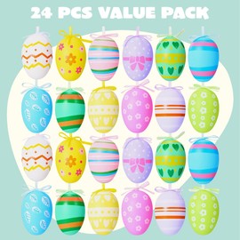 JOYIN 24 Pcs 2.36'' Printed Easter Hanging Eggs, Plastic Colorful Eggs Ornaments with Ribbon for Easter Decorations Home, Spring Decorations, Easter Tree Basket Ornaments, Celebration Supplies
