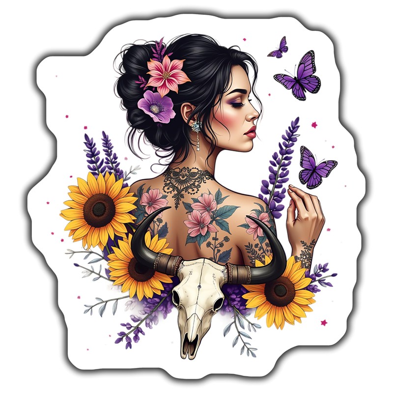 2-Pack 5-Inch Floral Tattoo Stickers - Skull Art Stickers -