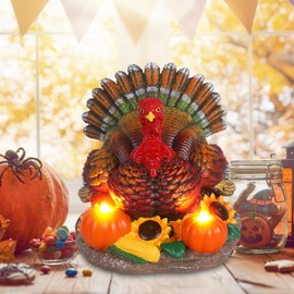 JJALIGHTS Thanksgiving Turkey Decorations Indoor Resin Turkey Figurines with 2 Pumpkin Electric Candlesticks Fall Harvest Table Decor for Home Office Shelf Kitchen - Thanksgiving Autumn Gift