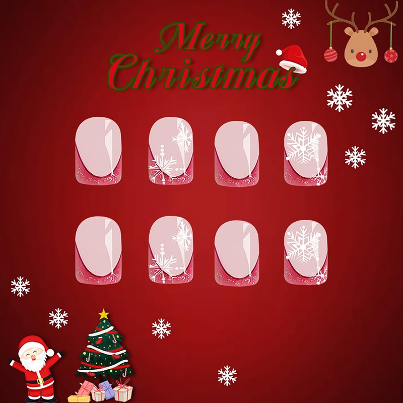 LOPMNGHT Christmas Red French Press on Nails Short Square Snowflake