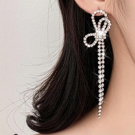 Bow Earrings Silver Earrings for Women Sparkly Dangle Earrings Rhinestone Bow Earrings Wedding Party New Year Christms Gifts Stocking Stuffers