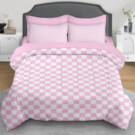Plaid Checkerboard Grid Geometric Bean Pink Comforter Set 7 Pcs Queen Size Quilt, Checkered Modern Abstract Soft Bedding Set with Flat and Fitted Sheet Pillowcases Sham for Adults Bedroom Bed Decor