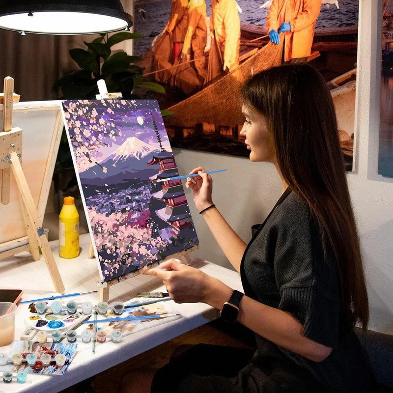 NEWENMO Mount Fuji und Tempel Malen Nach Zahlen Erwachsene Set,Kirschblüten