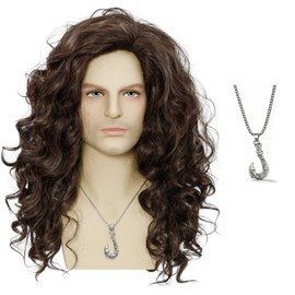 FYXZHUO Mens Long Curly Dark Brown Wig with Necklace for Cosplay Costume Halloween Party Wig