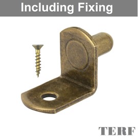 TERF® Traditional Style Antique Bronze Plated L-Shape Bracket Furniture Shelf Support Pegs Push In Pin with Hole for Kitchen Cabinet Wardrobe Bookcase Closet including Fixing Screw - Pack of 10