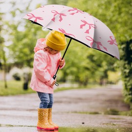 WSZYNDF Pink Bow Pattern Umbrella, Small Travel Compact Automatic Folding Umbrella for Rain and Wind, Portable UV Shade Sun Umbrella for Girl