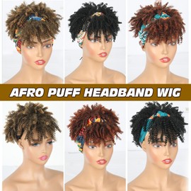 Aisaide Brown Afro Kinky Headband Wig with Bangs for Women Ombre Headband Wig Synthetic Afro Kinky Curly Hair Wig with Headband Attached Short 1B-30# Kinky Curly Afro Puff with Bangs Headband Wig