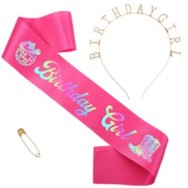 Wanmu Birthday Girl Sash with Iridescent Foil, Pink Disco Cowgirl Birthday Party Sash Glitter Crown Tiara Western Cowgirl Party Decorations for Birthday Party Supplies