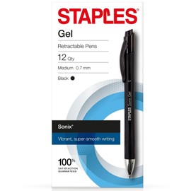 STAPLES Sonix Gel Pens - Retractable Medium Point, .7mm, Black Ink, Crispy Lines, Pocket Clip, Pack of Dozen