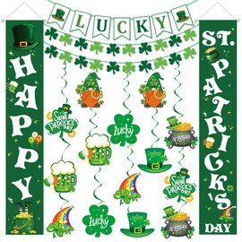 Happy St. Patrick's Day Decorations Decor- Shamrock Saint Patricks Day Decorations Porch Banner, LUCKY Banner, 14 Hanging Swirls, 2 Shamrock Garlands for Home Office Classroom Party Supplies, Green