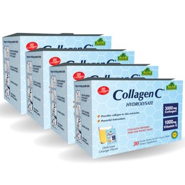 ALFA VITAMINS Collagen C Peptides Hydrolysate Powder Supplement, Vitamin C 1000mg, Gluten Free Hydrolyzed Collagen for Skin, Hair, Nails, Joint & Bone Support, Antioxidant, 30 Sachets per Box, 4 Pack
