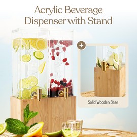 1.25 Gallon Dual Acrylic Beverage Dispenser with Bamboo Stand – Iced Drink Dispenser with Stainless Steel Spigot & Built-in Ice Core