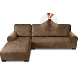 Pfrstuv Sectional Couch Covers, Leather Look Sofa Cover L Shape 2PCS Soft Stretch Slipcover for Sectional Sofa, Non Slip Furniture Protector (3 Seat Sofa + 3 Seat Right Chaise, Light Brown)