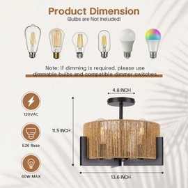 Scyvenra Boho Light Fixture,13.6'' Rattan Ceiling Lights,3-Light Coastal Semi Flush Mount Ceiling Light Fixture,Farmhouse Chandelier, Nursery Light Fixtures,Flush Mount Lights for Bedroom Entryway