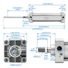 Baomain Pneumatic Air Cylinder SC 63 x 250, PT 3/8 Port, 2-1/2" Bore, 9.84" Stroke, Single Rod Double Acting, M16x1.5 Threaded Rod, with 2X Push-in Fittings