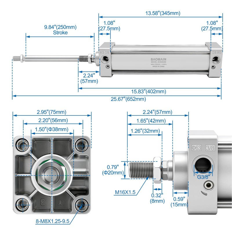 Baomain Pneumatic Air Cylinder SC 63 x 250, PT 3/8