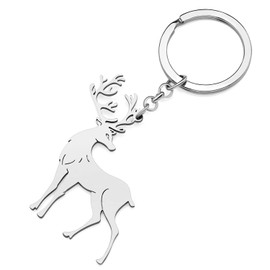 OUSIO Christmas Day Reindeer Keychain Stainless Steel 18K Gold Silver Plated Deer Key Ring For Women Charms Wallet Decor Gift (Silver Plated)