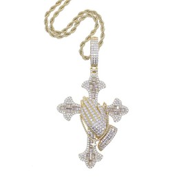 ATJMLADY Micro Paved 5A CZ Hip Hop Jewelry Praying Hand Cross Pendant Necklace for Men (Gold color)