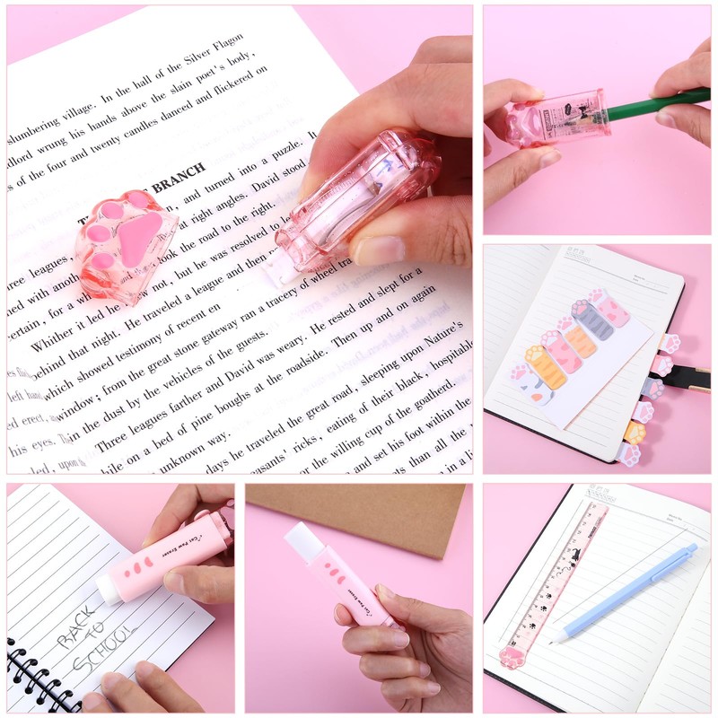 TIESOME Cute Cat Paw Stationery Set, 7 Pcs Kawaii Cartoon
